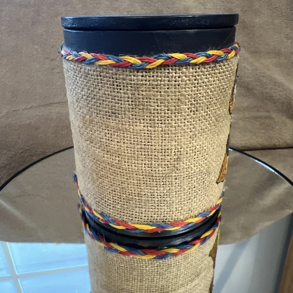 Wooden Lidded Trinket Box Burlap Wrapped Embroidered‎ Columbia